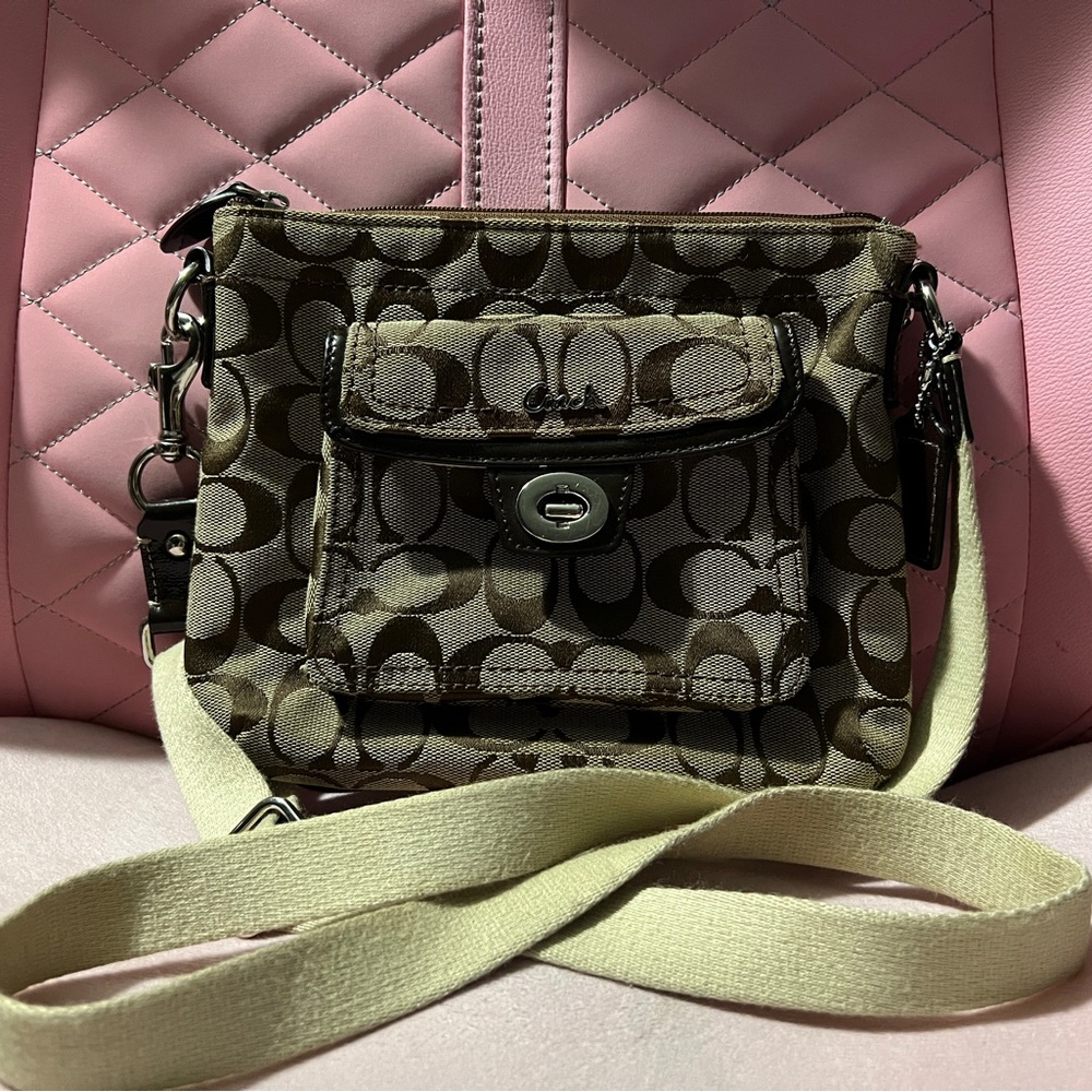 Coach Brown Signature Canvas Crossbody with Pale Green Strap